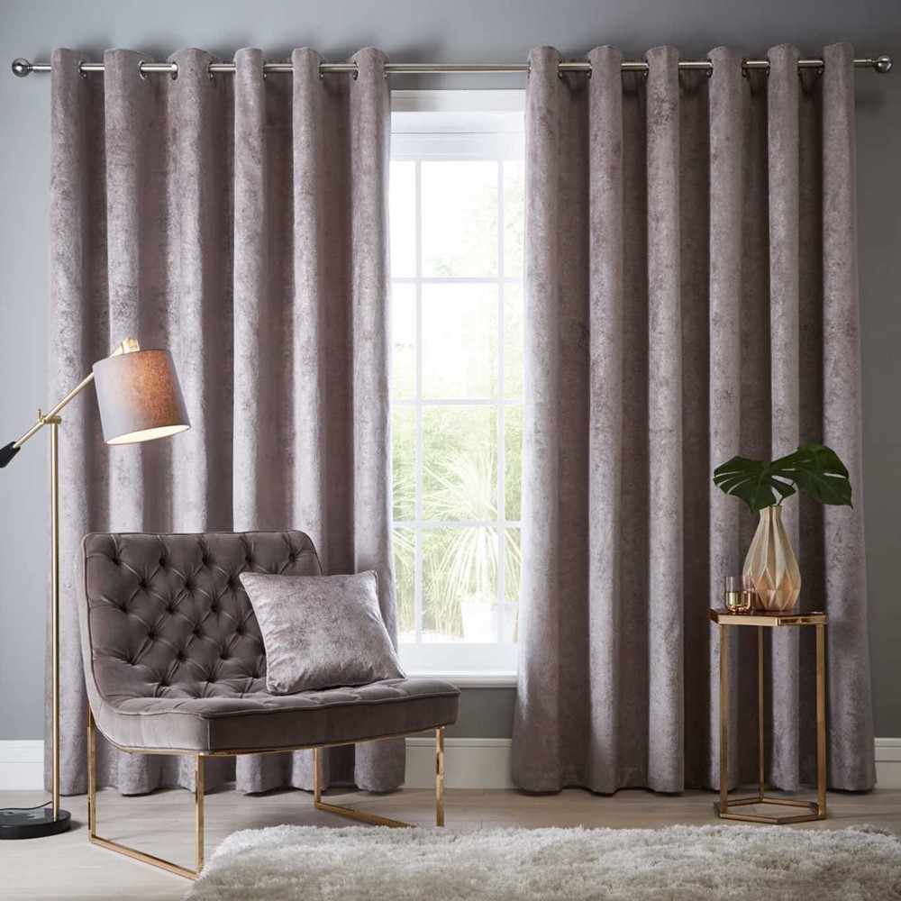 Navarra Metallic Velvet Curtains By Clarke And Clarke in Mink Brown